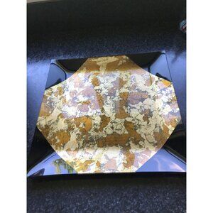 Vtg Black Glass Square Serving Dish With Abstract Gold Leaf Pattern 12" x 12"